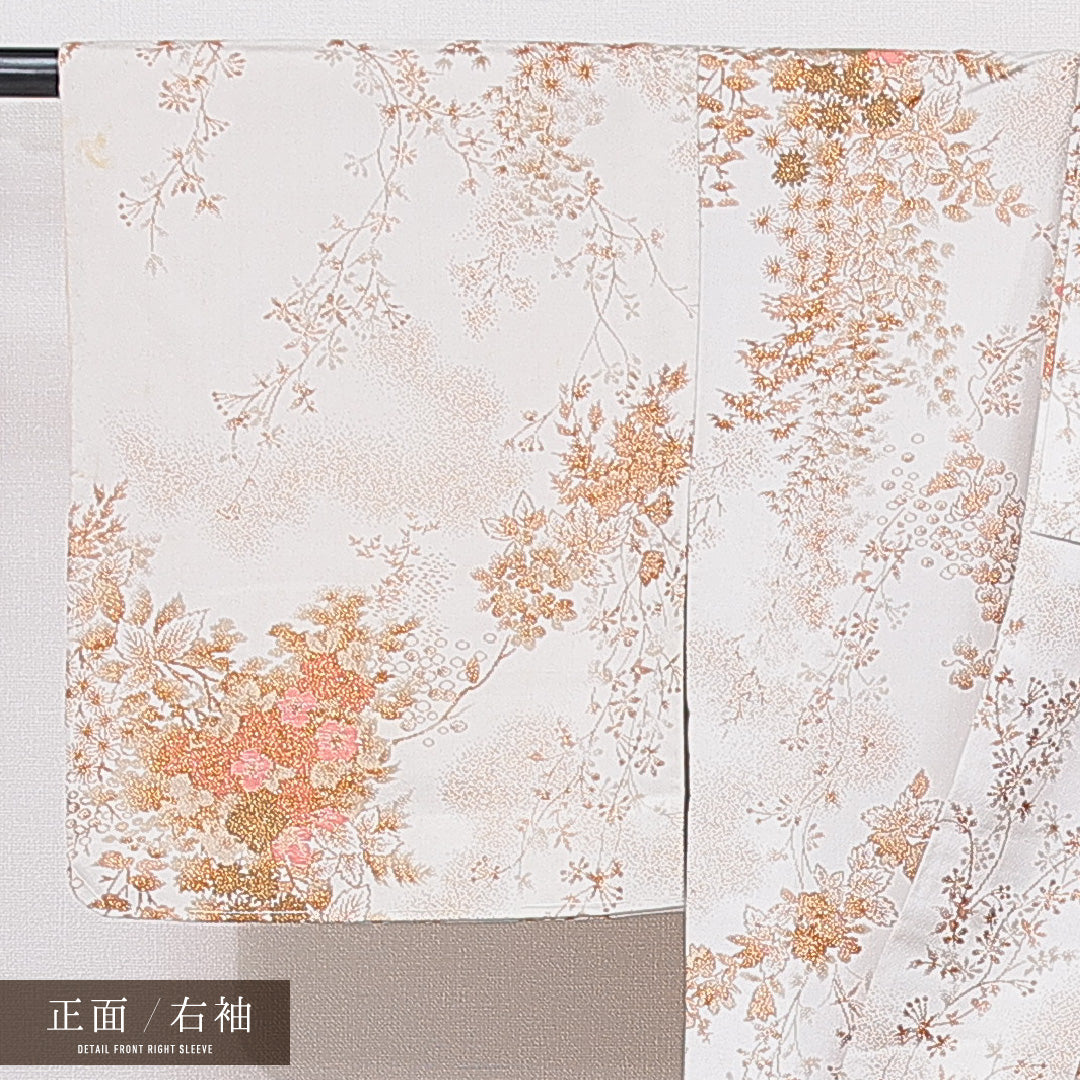 お召 袷 身丈152cm 裄丈63cm 正絹 Cランク Sサイズ 広衿 インフォーマル 牡丹 白系 金系 1265-15742