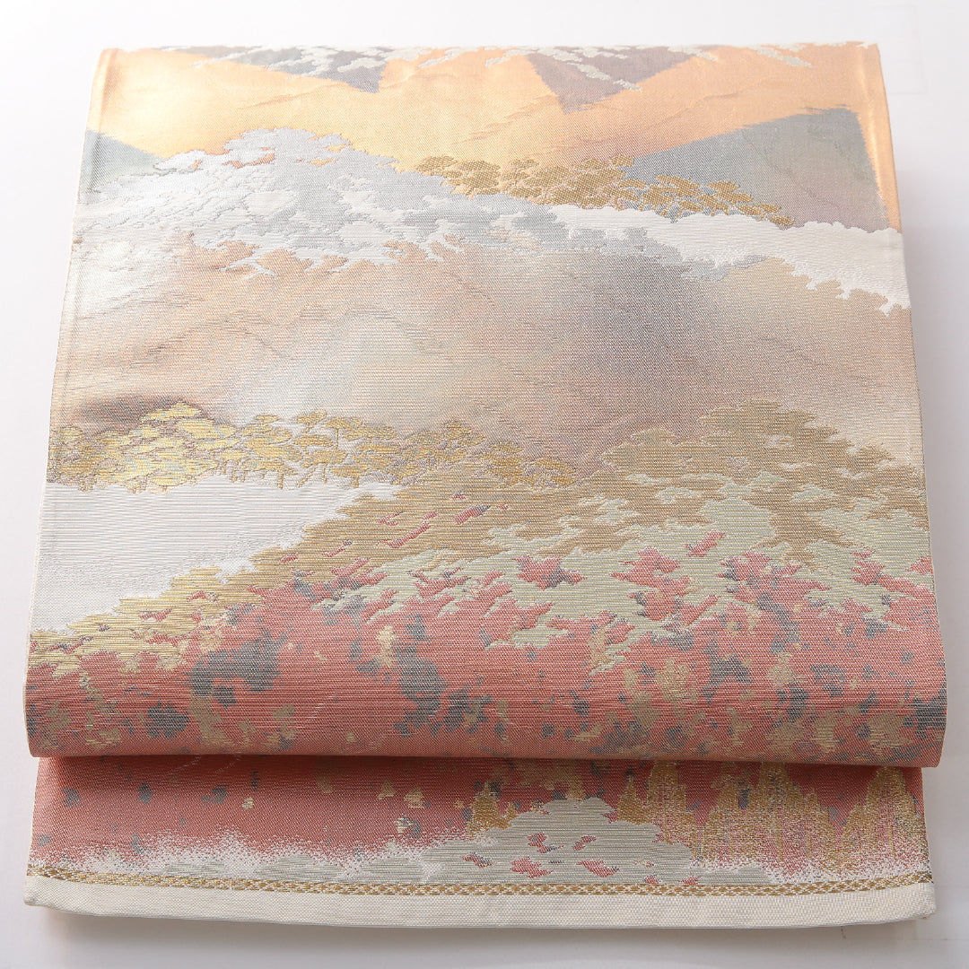 袋帯 帯丈416cm フォーマル 六通 Aランク 正絹 引箔 山 クリーム系 1223-02124