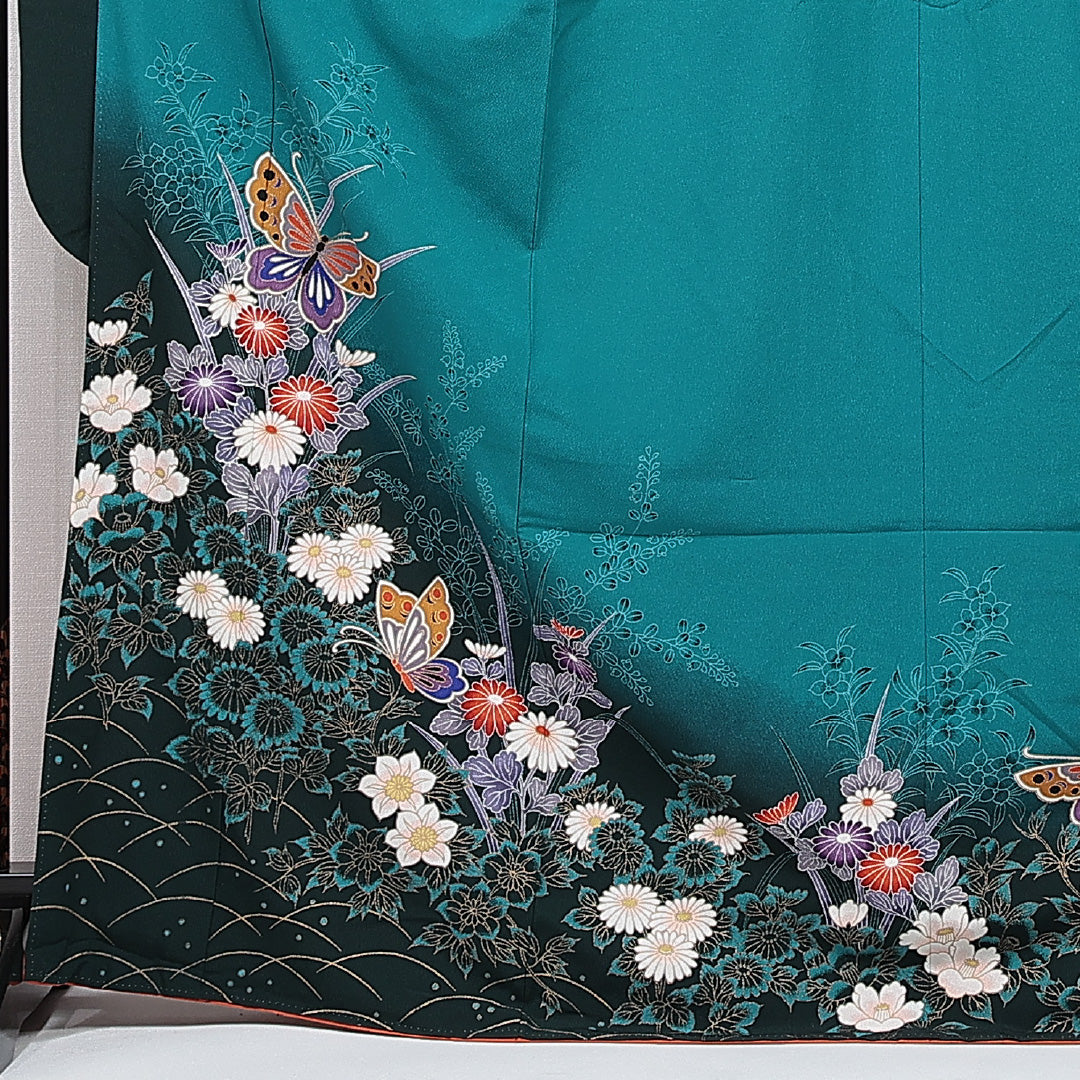 振袖 袷 身丈169cm 裄丈65cm フォーマル Aランク XLサイズ ポリエステル 洗える着物 広衿 蝶 菊 1213-F0717