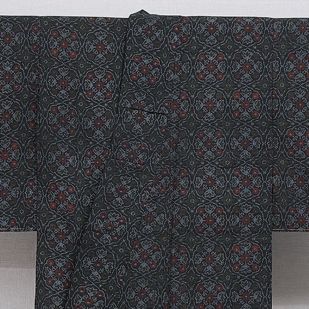 小紋 袷 身丈151cm 裄丈62cm 正絹 Sランク インフォーマル 広衿 Sサイズ 花柄 紺系 RP 1221-15936
