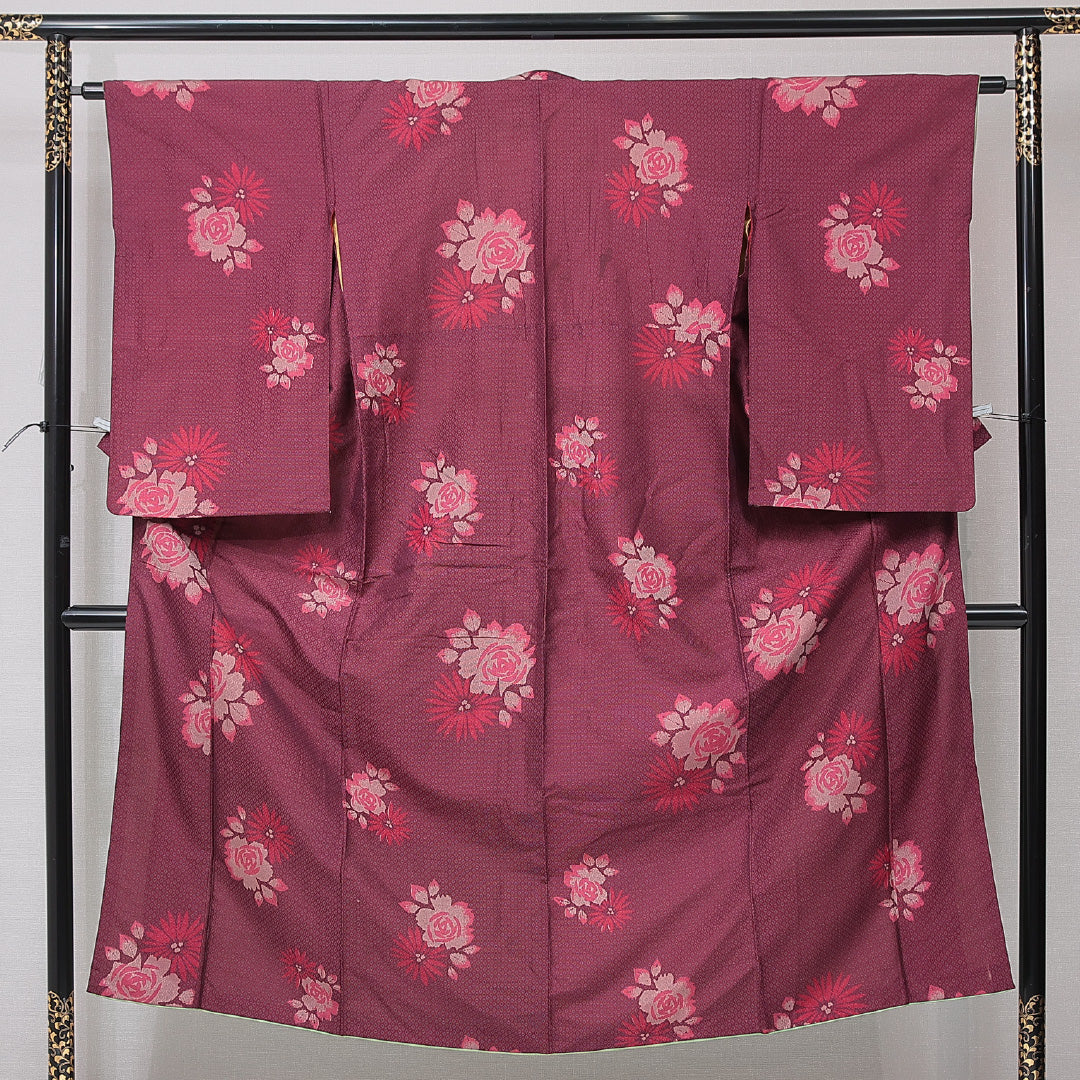 アンティーク お召 袷 身丈147cm 裄丈62cm 正絹 Aランク バチ衿 XSサイズ 薔薇 赤系 M4 1222-15141