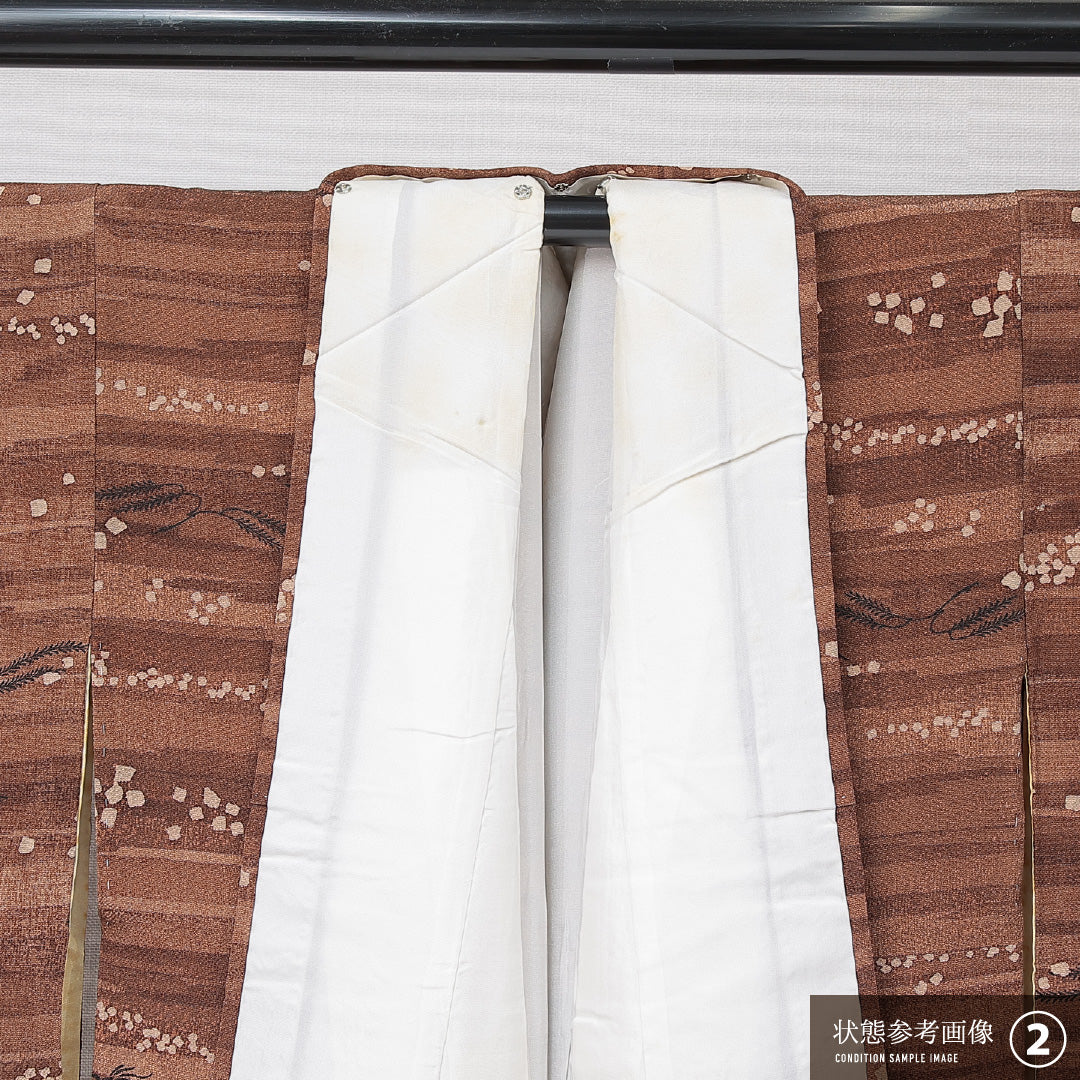 小紋 袷 身丈156cm 裄丈63cm 正絹 Aランク インフォーマル 広衿 Mサイズ 植物柄 茶系 RP 1221-15217