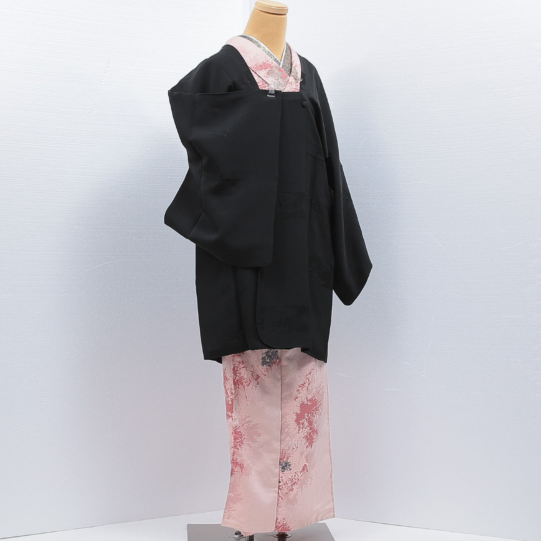 道行コート 袷 身丈89cm 裄丈63cm 正絹 Aランク セミフォーマル Sサイズ 織り出し ポケットあり エ霞 黒系 RP 1237-16845