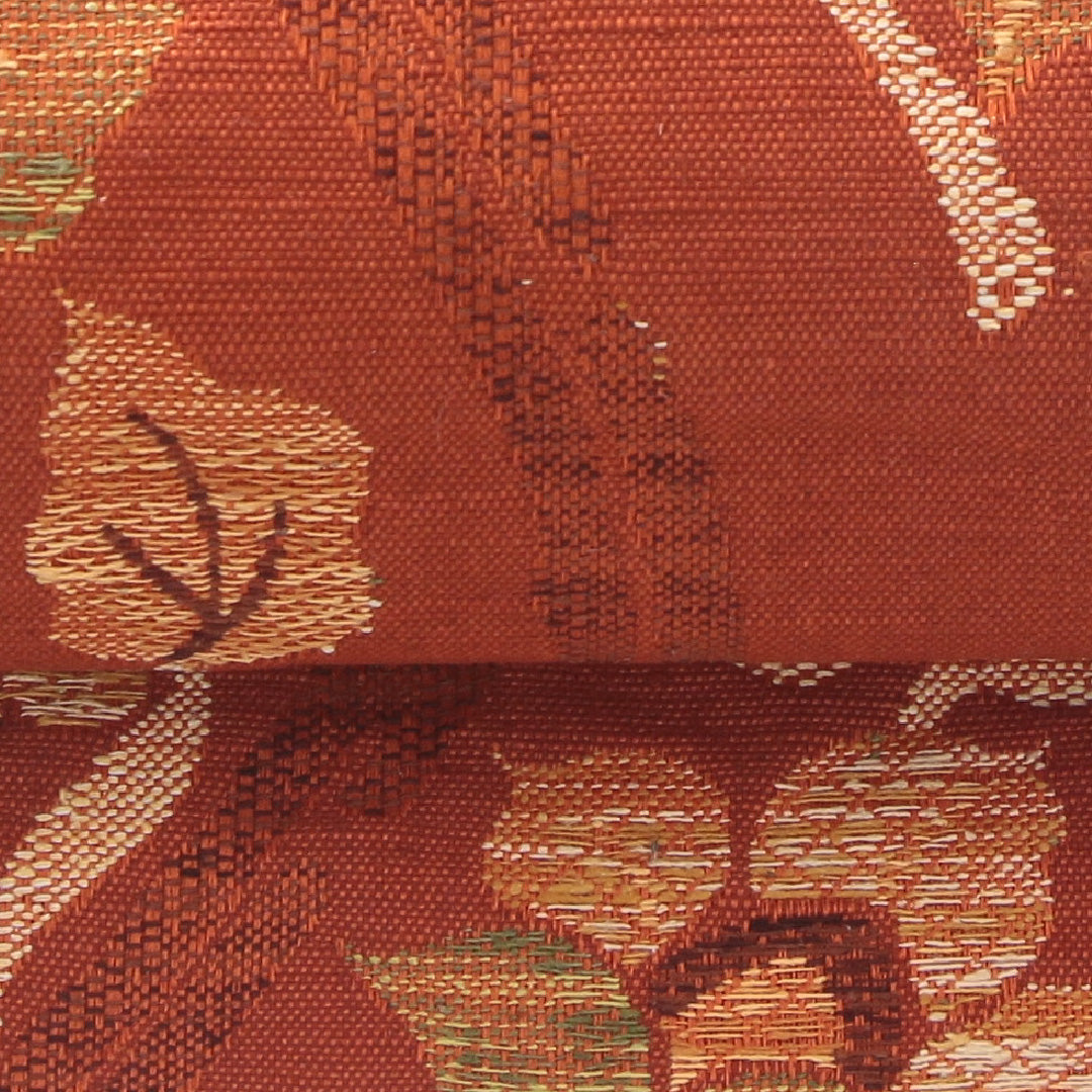 未使用品 九寸名古屋帯 Nランク 帯丈344cm 正絹 六通 名古屋仕立て 織り カジュアル 紬 葡萄唐草文 立涌 朱系 HP 1245-04147