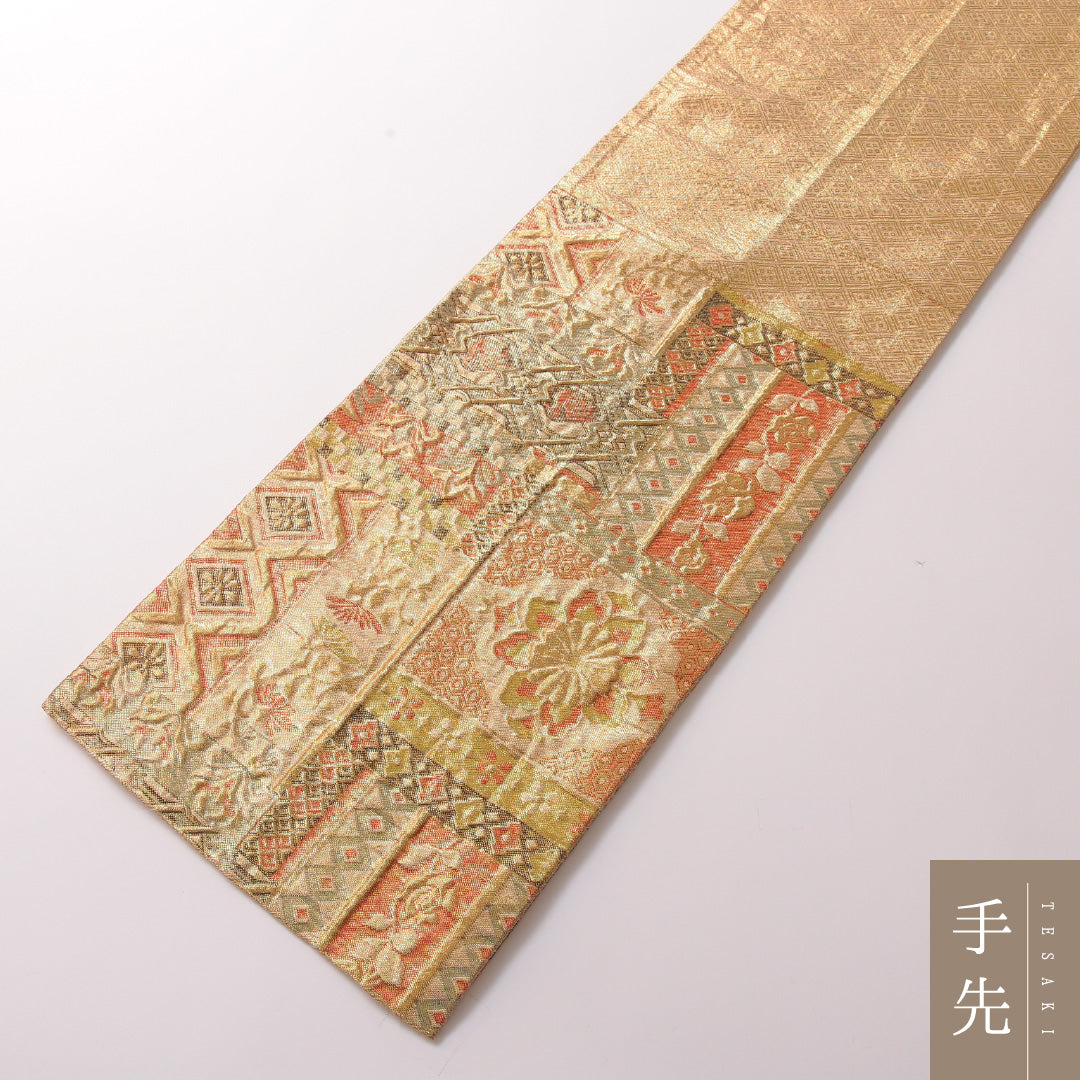 袋帯 帯丈436cm 正絹 六通 フォーマル ふくれ織 裂取り 唐草華文 ペルシャ文様 金系 1243-01787
