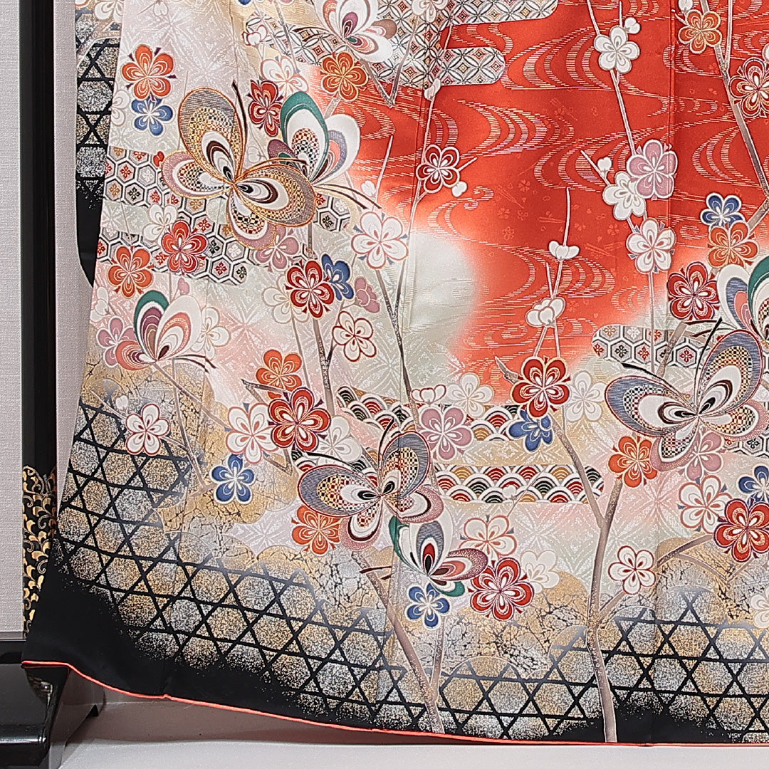 振袖 袷 身丈165cm 裄丈66cm フォーマル Sランク XLサイズ 正絹 広衿 蝶 亀甲 菊 1213-F0730