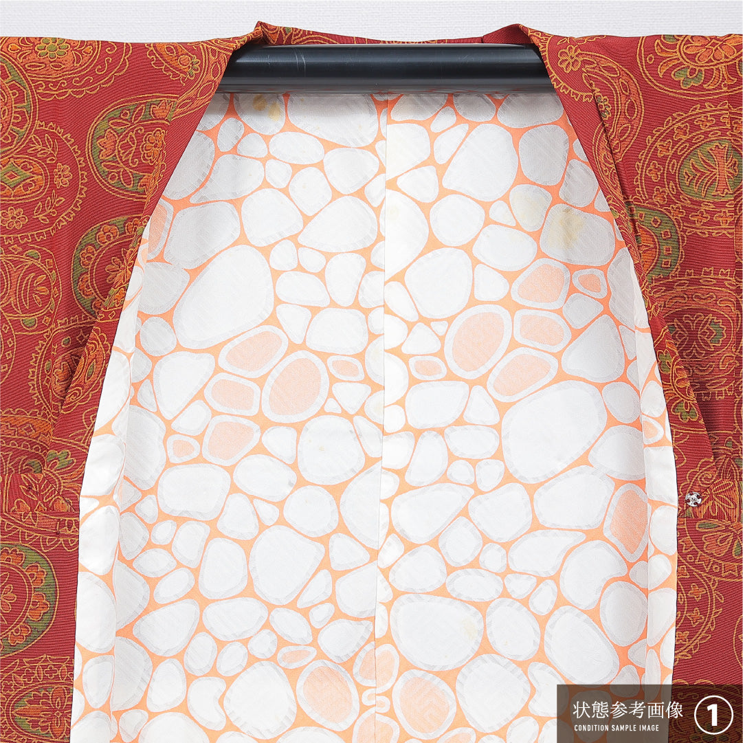 道行コート 袷 身丈85cm 裄丈65cm 正絹 Aランク セミフォーマル Mサイズ ポケットあり 丸文 赤系 RP 1237-16855