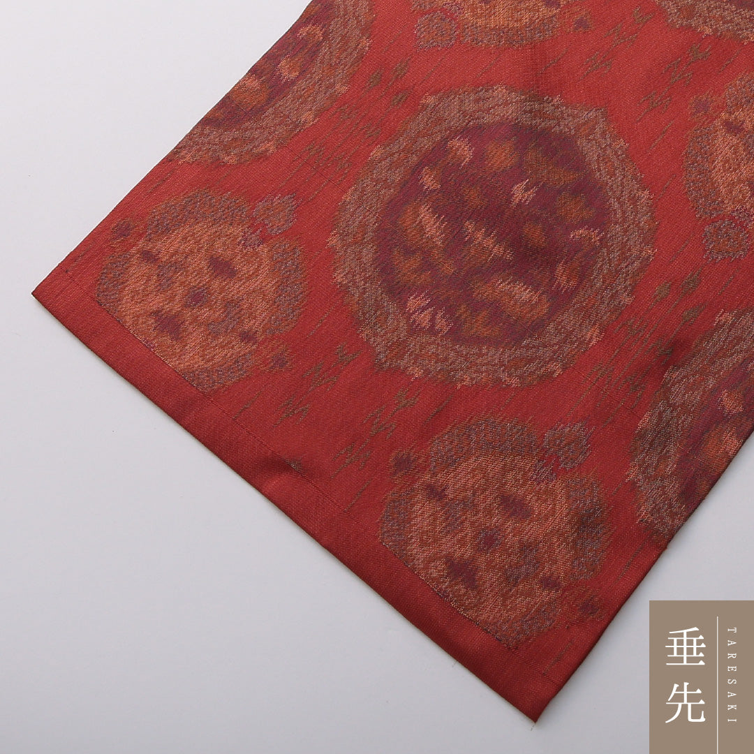 九寸名古屋帯 帯丈357cm カジュアル 名古屋仕立て 六通 Aランク 正絹 創作柄 赤系 朱系 1224-03501