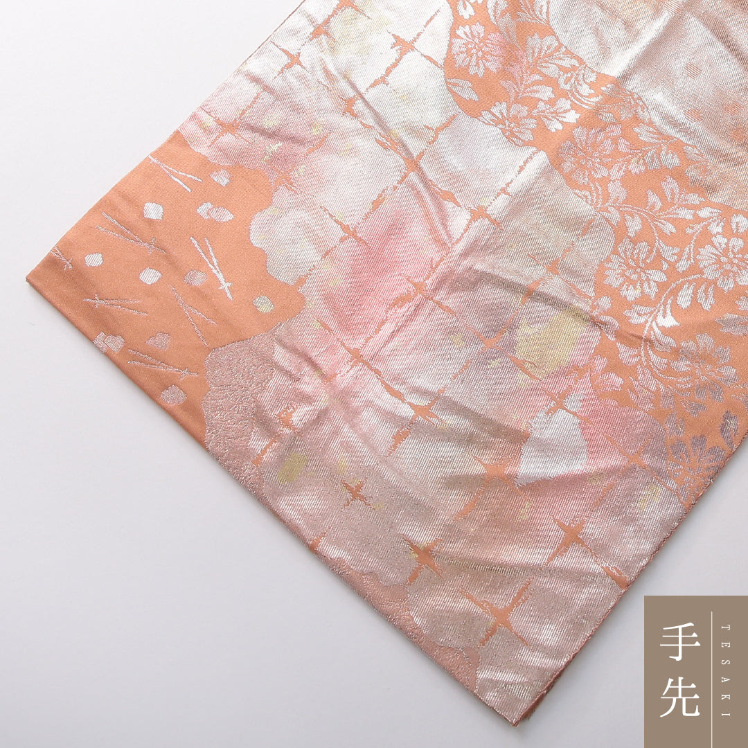 袋帯 帯丈428cm 正絹 六通 帯芯なし セミフォーマル 道長取り 朱系 1243-02158