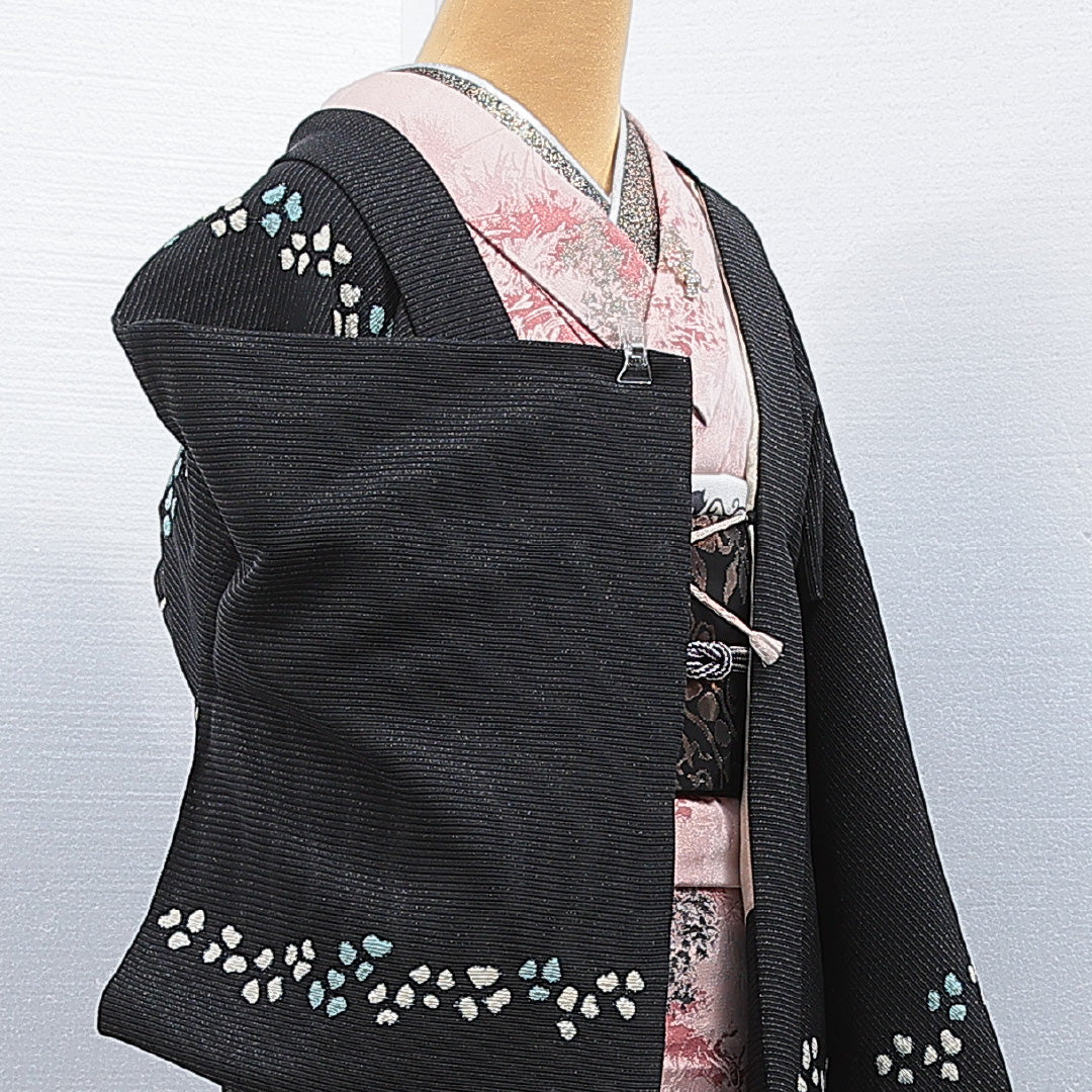 羽織 袷 身丈82cm 裄丈62cm 正絹 Aランク カジュアル Sサイズ 織り出し 紐あり 創作柄 黒系 RP 1232-16834