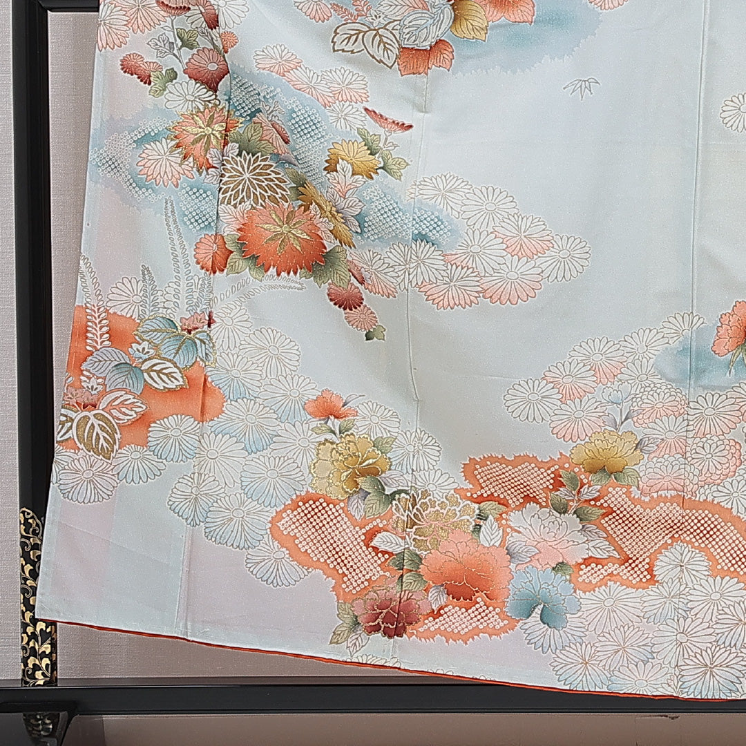 訪問着 洗える着物 袷 身丈160cm 裄丈64cm ポリエステル Cランク Lサイズ バチ衿 セミフォーマル 菊 桐 刺繍 水色系 1212-16096