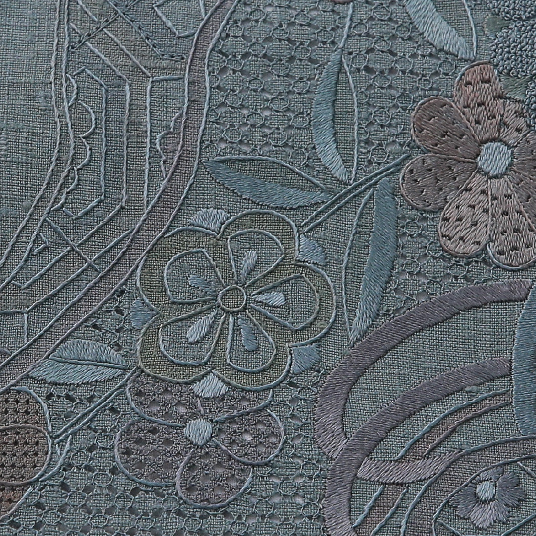 袋帯 帯丈456cm フォーマル ポイント柄 Bランク 正絹 汕頭刺繡 菊 青系 緑系 1223-02067