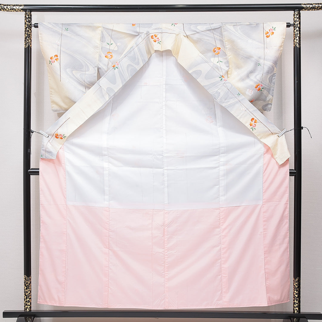 小紋 洗える着物 袷 身丈160cm 裄丈63cm ポリエステル Cランク Lサイズ 広衿 インフォーマル 青海波 花柄 クリーム系 1215-15832