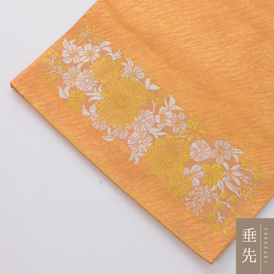 袋帯 帯丈448cm セミフォーマル ポイント柄 Aランク 正絹 菊 金系 朱系 1223-02331