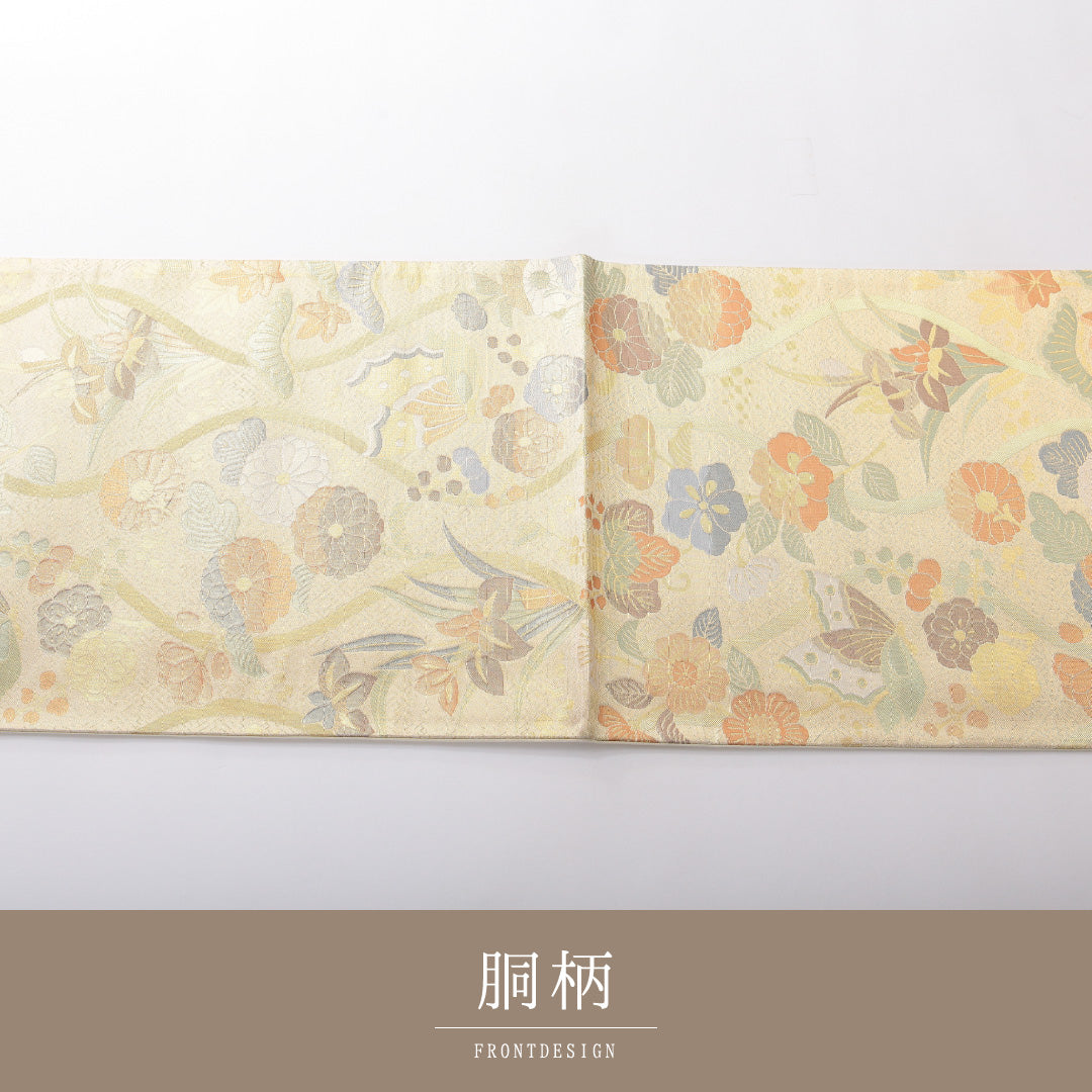 袋帯 帯丈436cm 正絹 六通 フォーマル 四季草花 立涌 桐 蝶 クリーム系 1243-02104