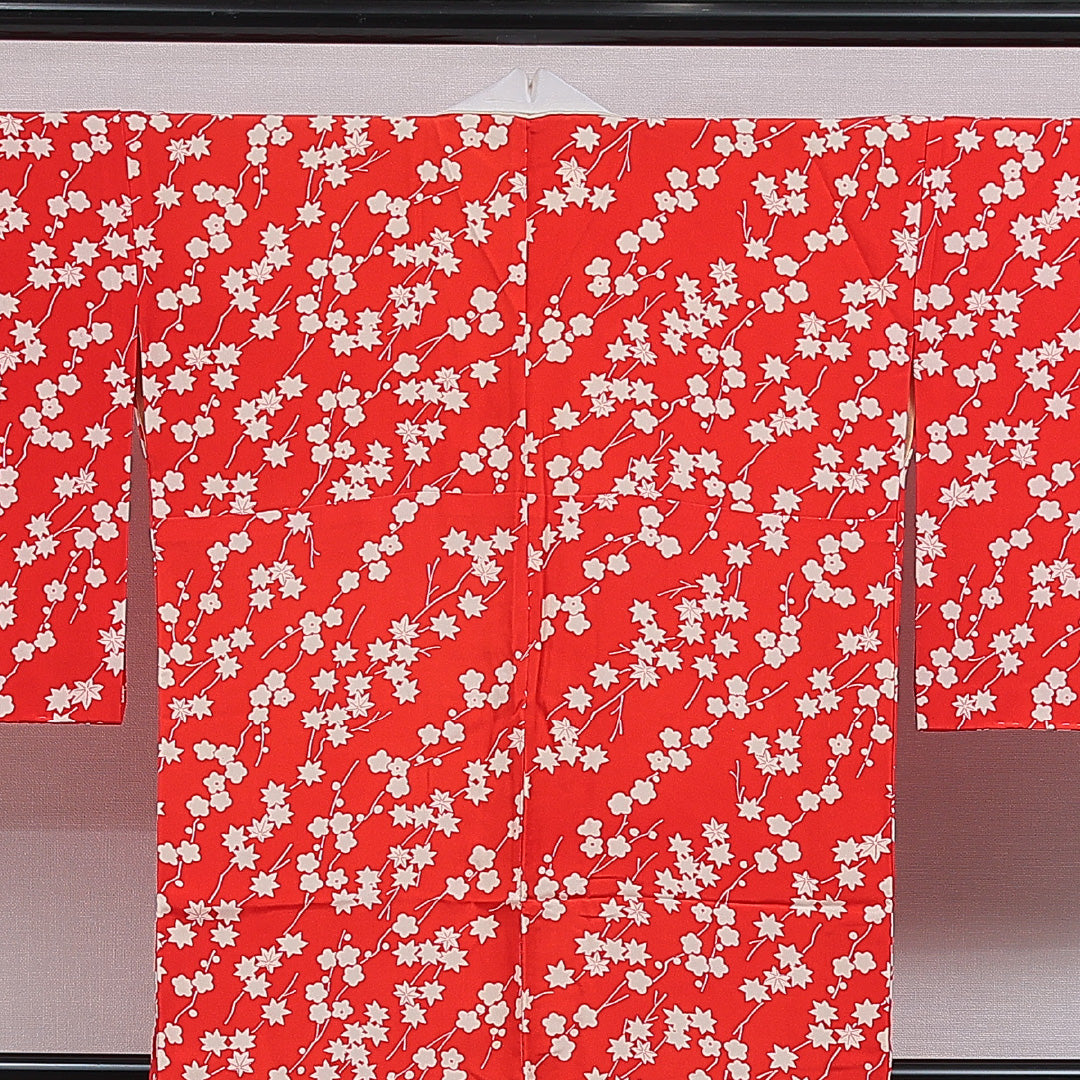 アンティーク 長襦袢 無双袖 身丈132cm 裄丈65cm 正絹 Cランク XLサイズ 梅 紅葉 赤系 M4 1239-16532