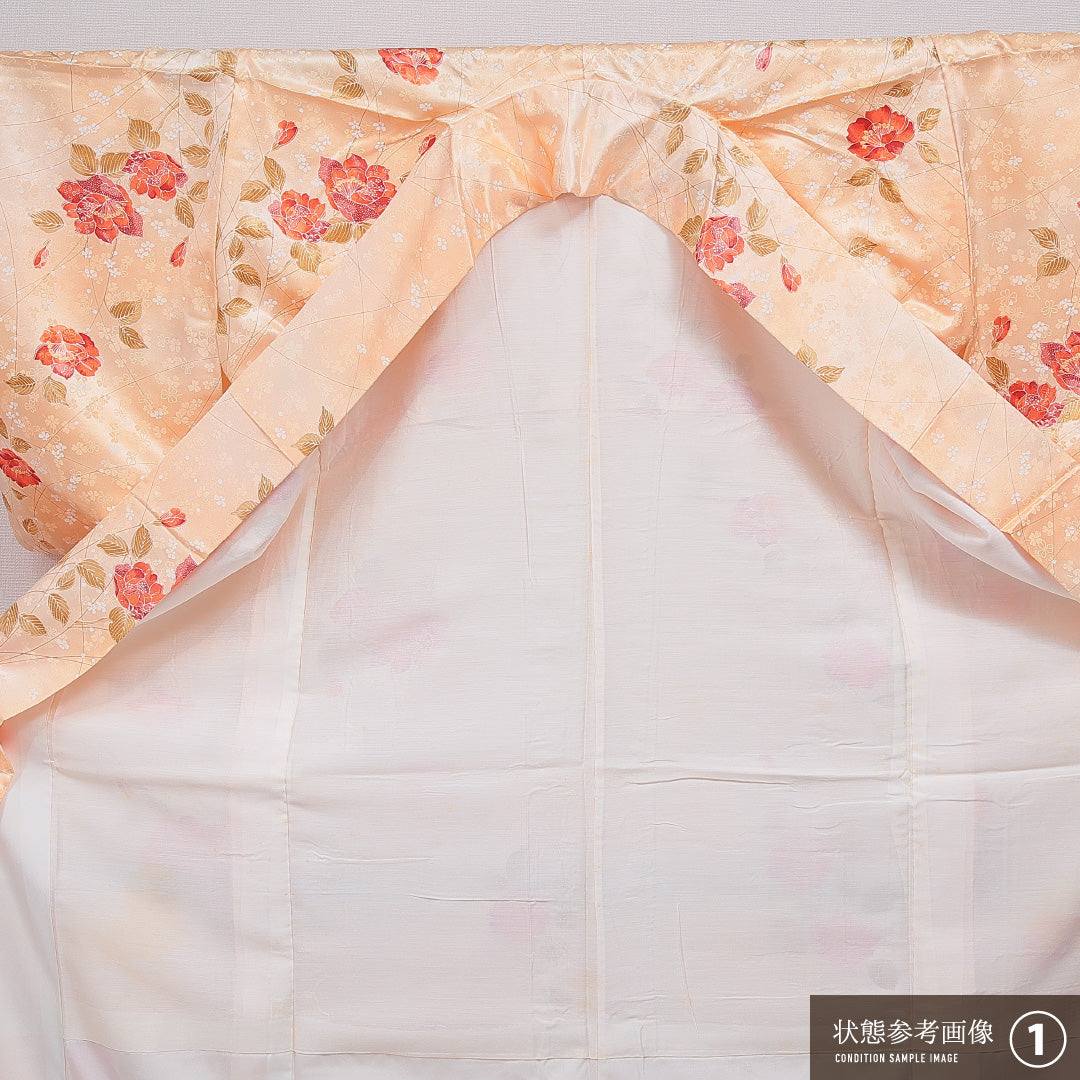 洗える着物 小紋 袷 身丈156cm 裄丈64cm ポリエステル Aランク インフォーマル 広衿 Mサイズ 椿 朱系 HP 1221-16059