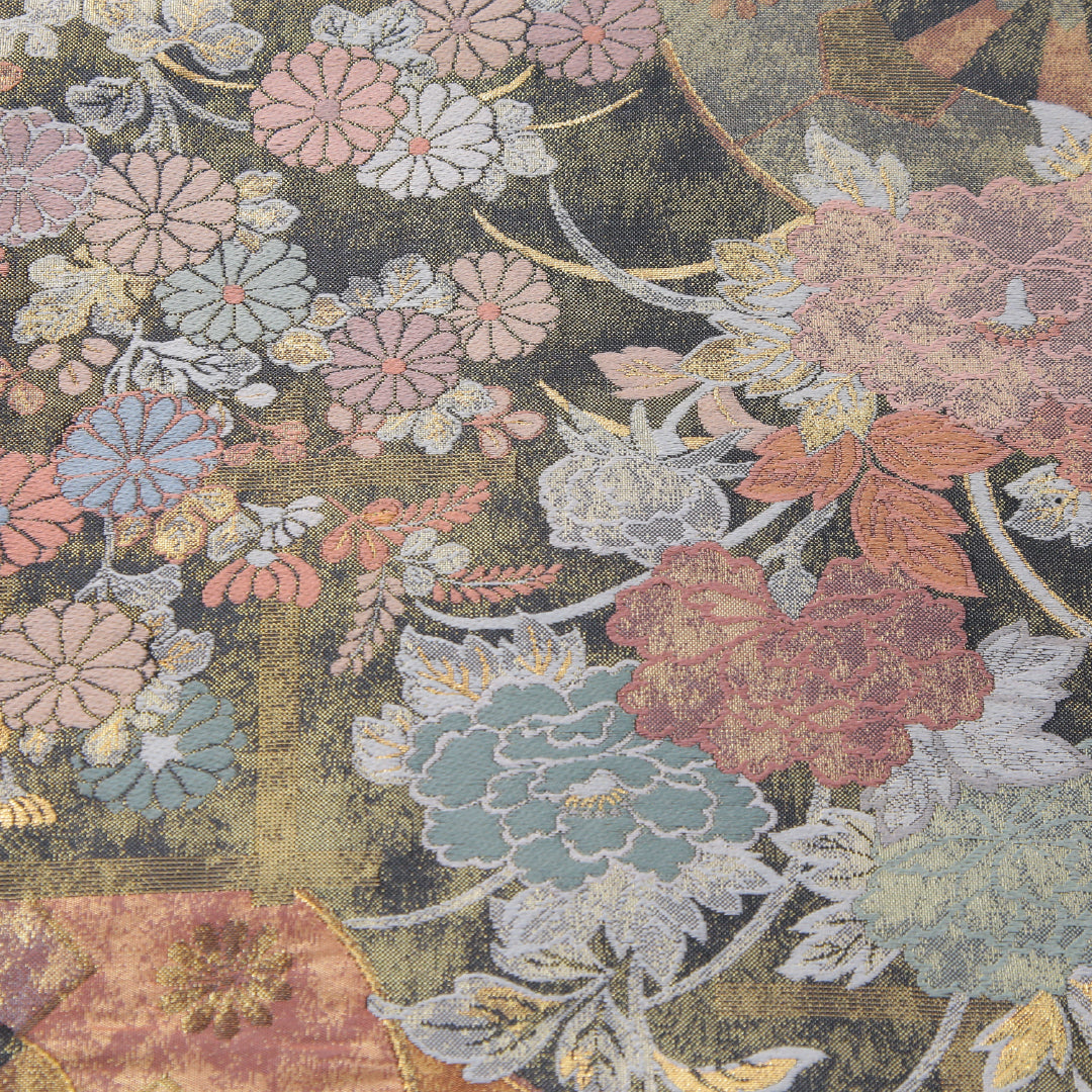 袋帯 帯丈428cm 彩華御車文 フォーマル 全通 Sランク 正絹 源氏車 菊 松 金系 黒系 1223-02329