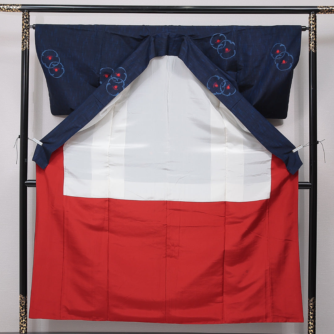 紬 袷 身丈153cm 裄丈63cm 正絹 Bランク カジュアル 広衿 Sサイズ 梅 紺系 HP 1223-15493