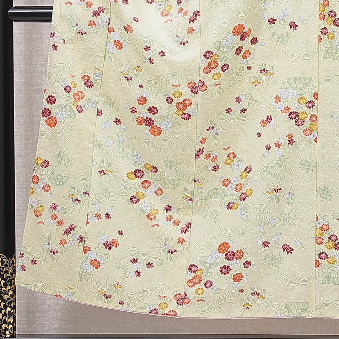 小紋 洗える着物 袷 身丈150cm 裄丈65cm ポリエステル Cランク Sサイズ 広衿 インフォーマル 流水 牡丹 クリーム系 1215-15834