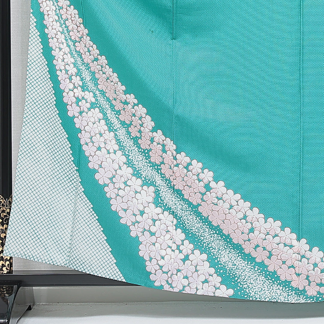 付下げ 洗える着物 単衣 身丈160cm 裄丈63cm ポリエステル Cランク Lサイズ バチ衿 インフォーマル 花柄 緑系 青系 1261-16300
