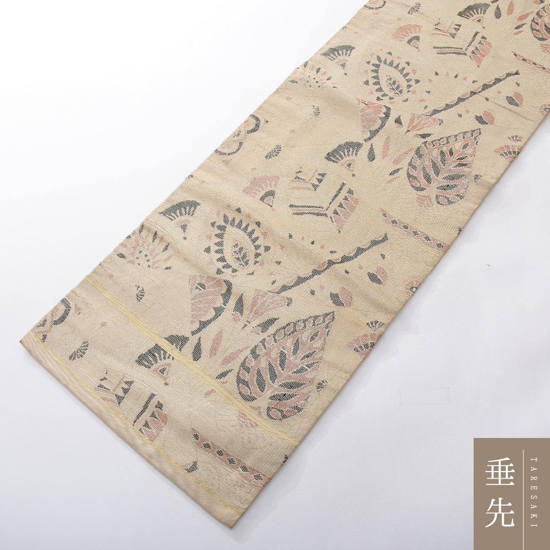 アンティーク 九寸名古屋帯 帯丈331cm 名古屋仕立て 六通 Bランク 正絹 創作柄 ベージュ系 1224-03939