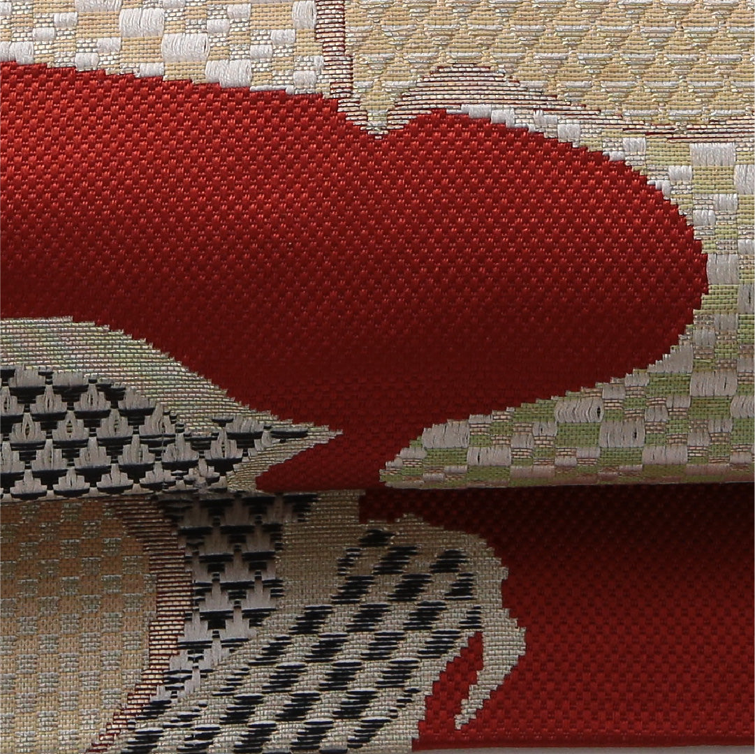 八寸名古屋帯 帯丈351cm カジュアル 松葉仕立て 六通 帯芯なし Sランク 正絹 花柄 朱系 赤系 1224-03457