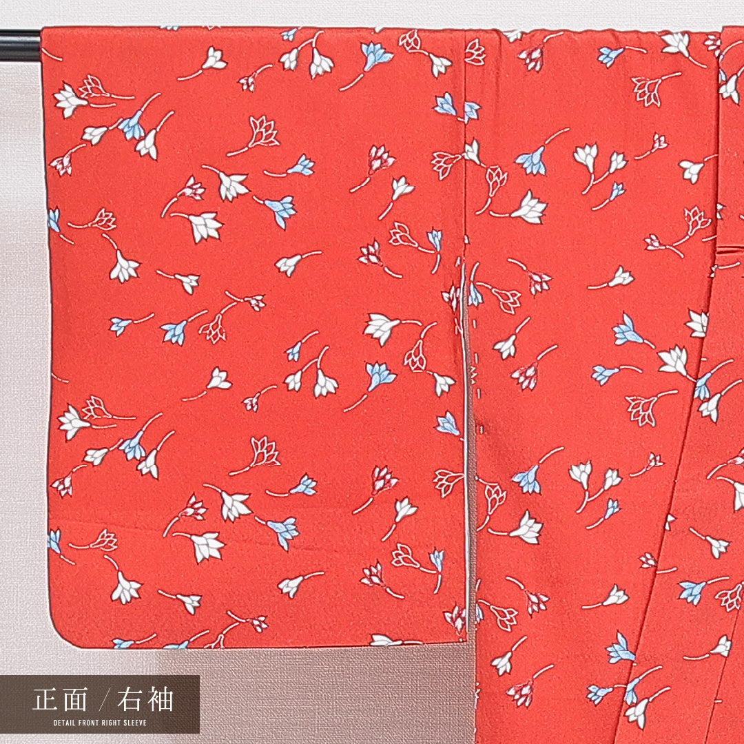 洗える着物 小紋 袷 身丈142cm 裄丈63cm ポリエステル Sランク インフォーマル バチ衿 XSサイズ 植物柄 赤系 RP 1221-16298