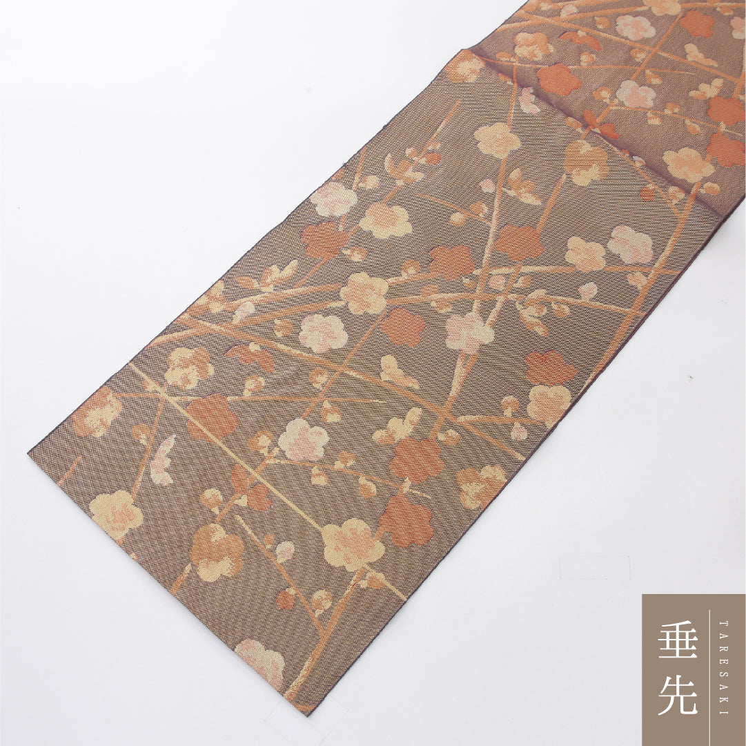 八寸名古屋帯 Aランク 帯丈358cm 正絹 六通 松葉仕立て 染め セミフォーマル 琳派 梅 金系・朱系 RP 1245-04089
