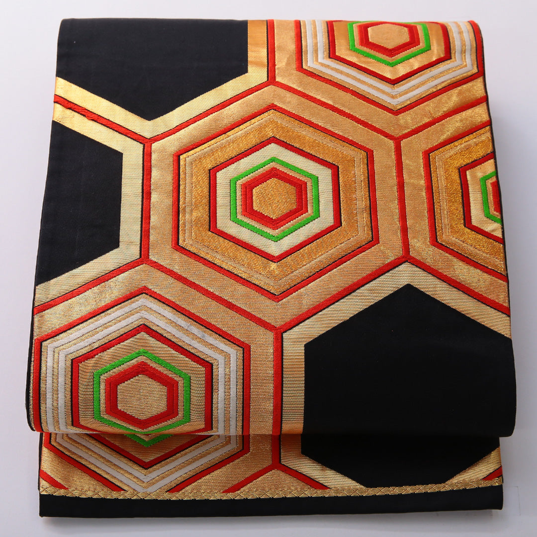 アンティーク 袋帯 帯丈424cm 六通 Aランク 正絹 亀甲 黒系 1223-01999