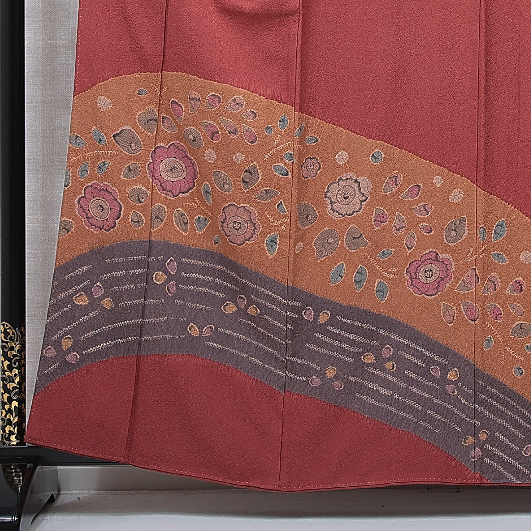 付下げ 袷 身丈160cm 裄丈65cm 正絹 Sランク Lサイズ 広衿 インフォーマル ふくれ織 辻が花 赤系 1261-15721