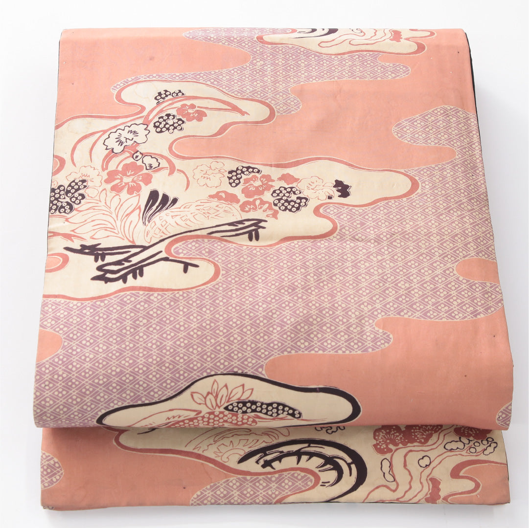 アンティーク 九寸名古屋帯 帯丈378cm 開き仕立て 全通 Aランク 正絹 染め帯 吉祥文様 道長取り ピンク系 1224-04175