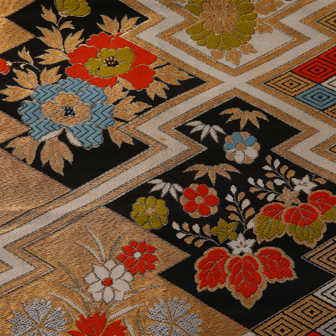 袋帯 帯丈412cm フォーマル 六通 未仕立て 帯芯なし Bランク 正絹 吉祥文様 松皮菱 黒系 金系 1223-01892