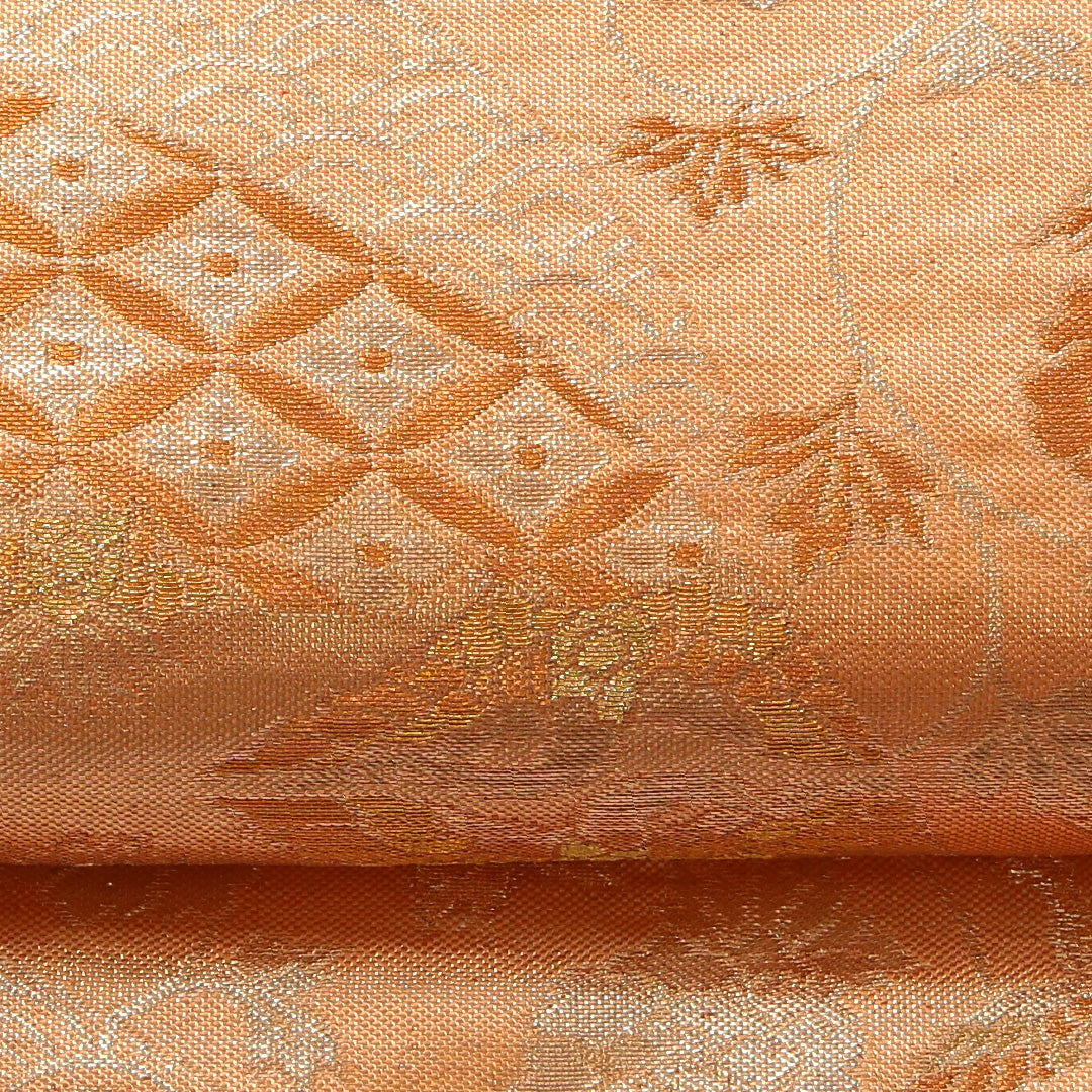 袋帯 帯丈440cm 正絹 全通 フォーマル 尾長鳥 吉祥文様 金系 朱系 1243-01853