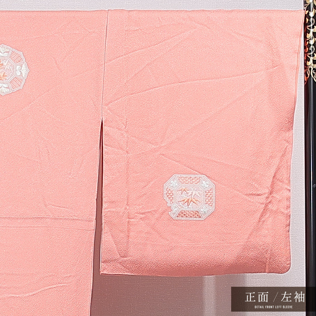 付下げ 袷 身丈161cm 裄丈67cm 正絹 Cランク インフォーマル 広衿 Lサイズ 蘇州刺繍 鏡裏文 花柄 ピンク系 HP 1218-15495