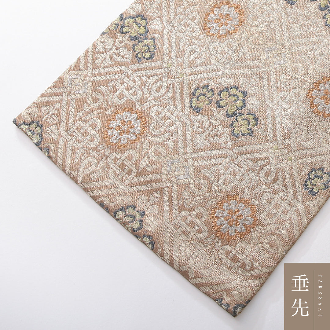 九寸名古屋帯 帯丈343cm カジュアル 名古屋仕立て 六通 Aランク 正絹 菱 花柄 ベージュ系 1224-03837