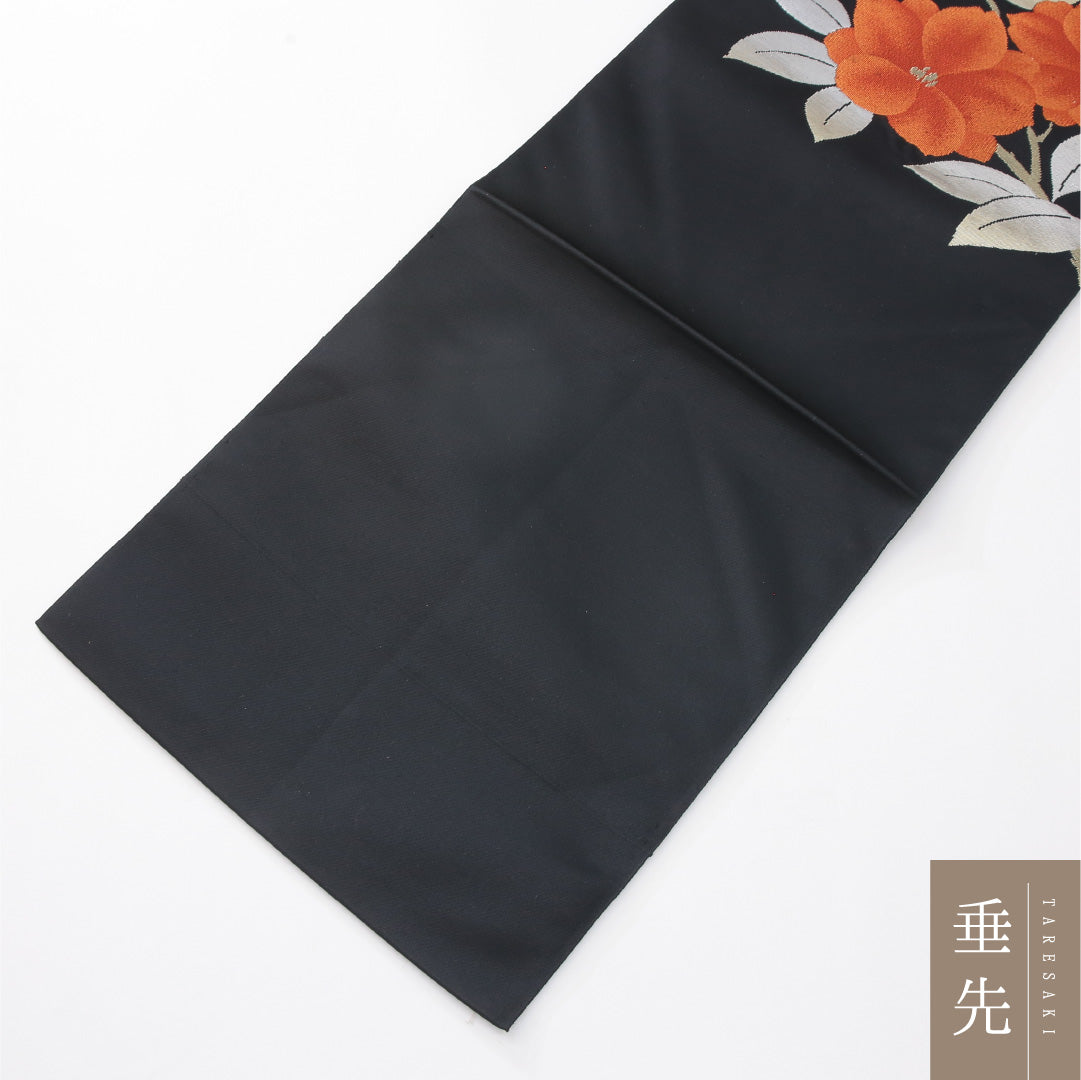未使用品 八寸名古屋帯 Nランク 帯丈413cm 正絹 ポイント柄 松葉仕立て 織り インフォーマル 椿 黒系 RP 1245-04170