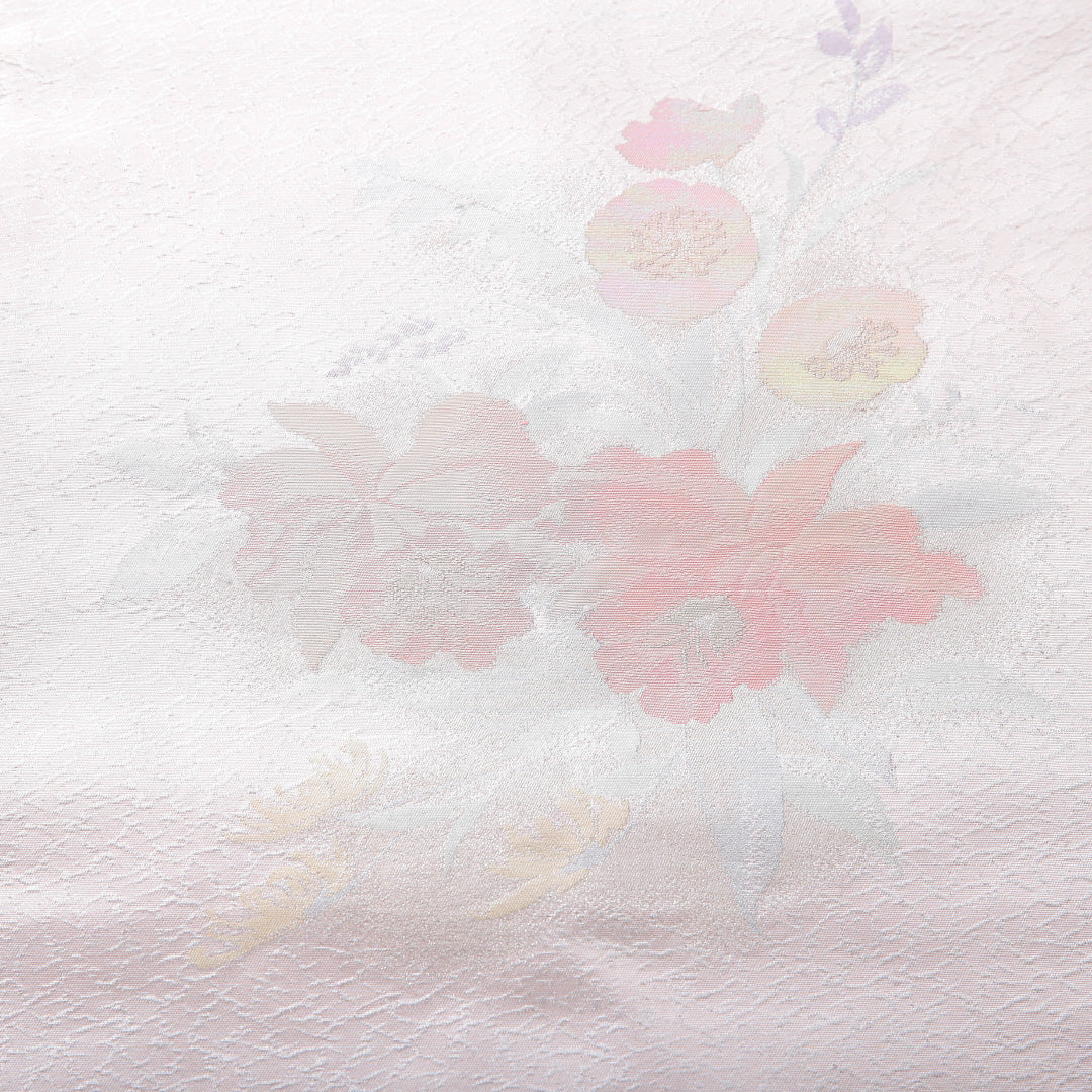 九寸名古屋帯 帯丈355cm インフォーマル 名古屋仕立て ポイント柄 Aランク 正絹 花柄 ピンク系 銀系 1224-03911