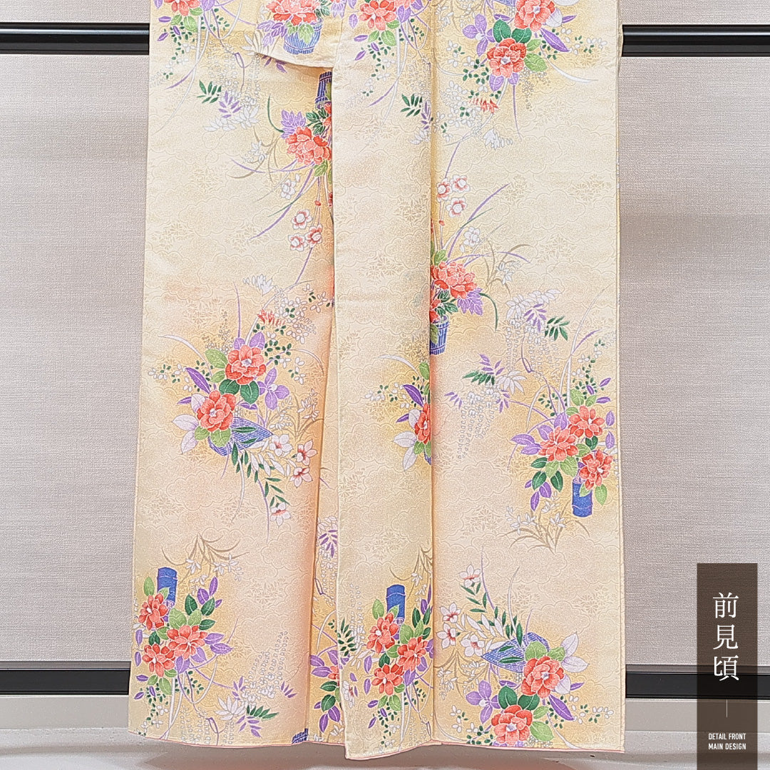 小紋 洗える着物 袷 身丈158cm 裄丈63cm ポリエステル Sランク Mサイズ 広衿 インフォーマル 椿 黄系 1215-15809