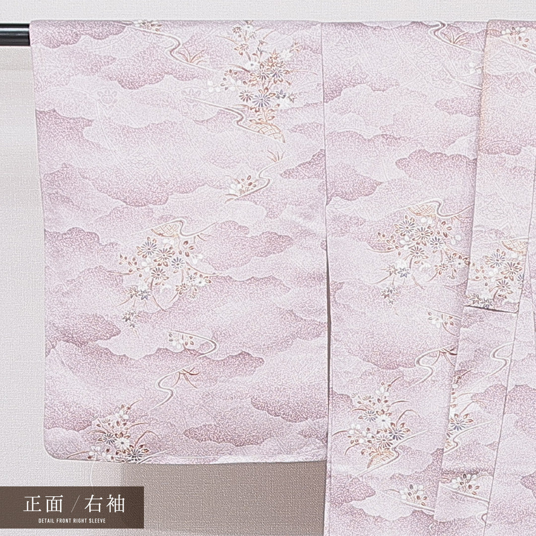 洗える着物 小紋 袷 身丈159cm 裄丈62cm ポリエステル Sランク インフォーマル バチ衿 Mサイズ 菊 紅葉 紫系 RP 1221-15829