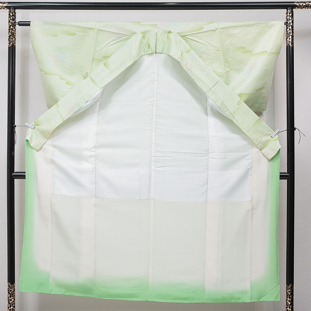 小紋 洗える着物 袷 身丈150cm 裄丈62cm ポリエステル Cランク Sサイズ 広衿 インフォーマル 古典柄 緑系 1215-15797