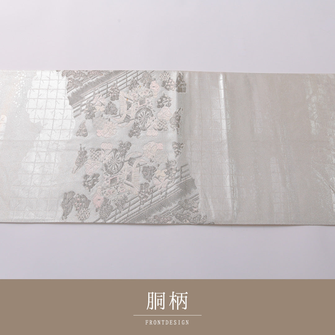 袋帯 帯丈436cm 正絹 六通 フォーマル 平安絵巻 御所解 吉祥文様 銀系 白系 1243-01965