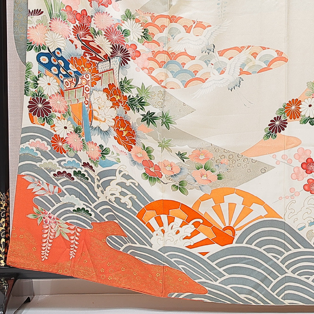 振袖 袷 身丈161cm 裄丈65cm フォーマル Cランク Lサイズ 正絹 広衿 御所車 牡丹 1213-F0686