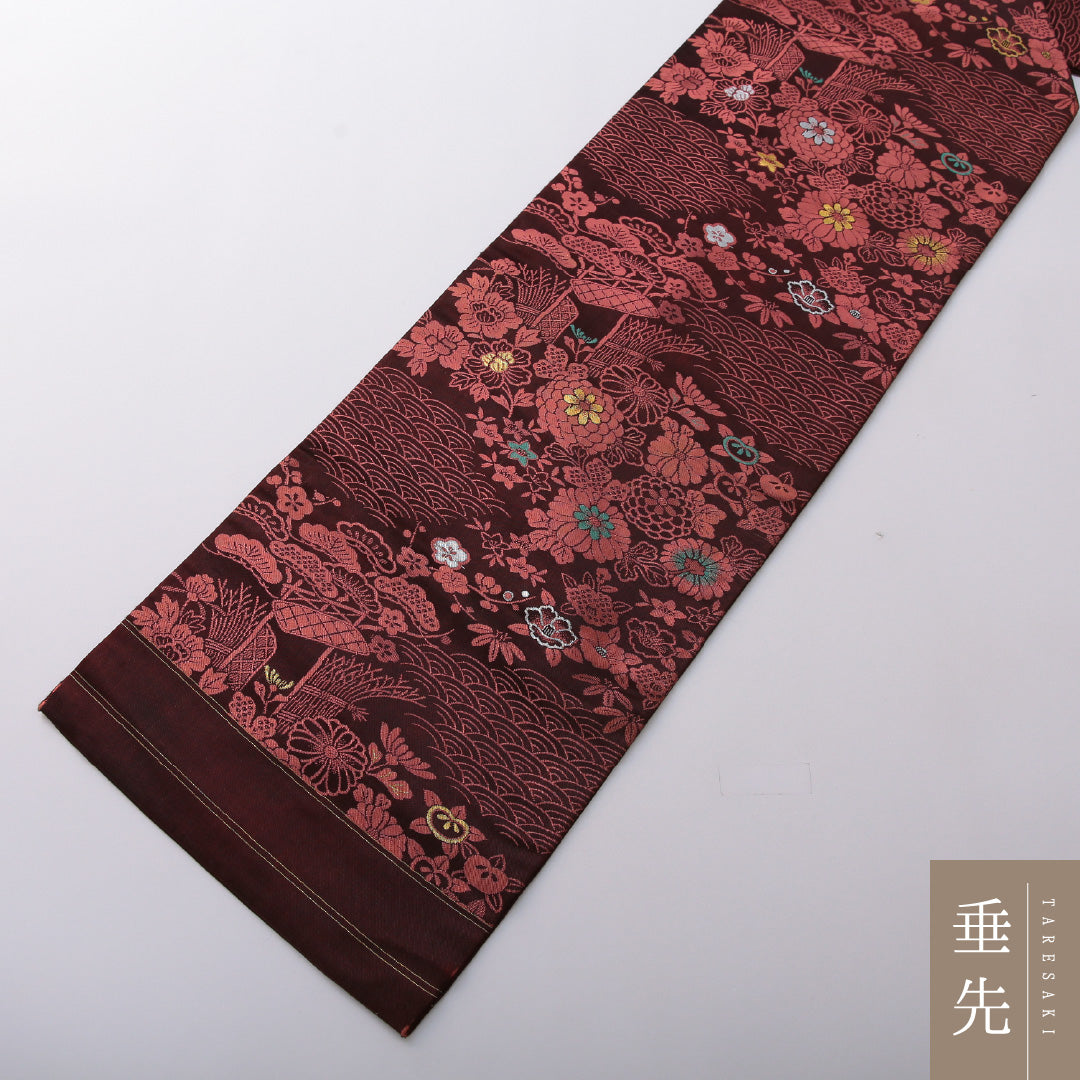 アンティーク 九寸名古屋帯 Aランク 帯丈338cm 正絹 六通 名古屋仕立て 織り 四季草花 茶系 RP 1245-03633