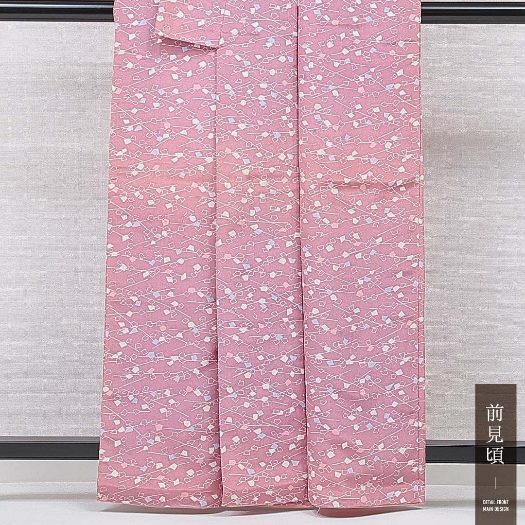 小紋 洗える着物 袷 身丈161cm 裄丈61cm ポリエステル Cランク Lサイズ 広衿 インフォーマル 抽象柄 ピンク系 1215-15804