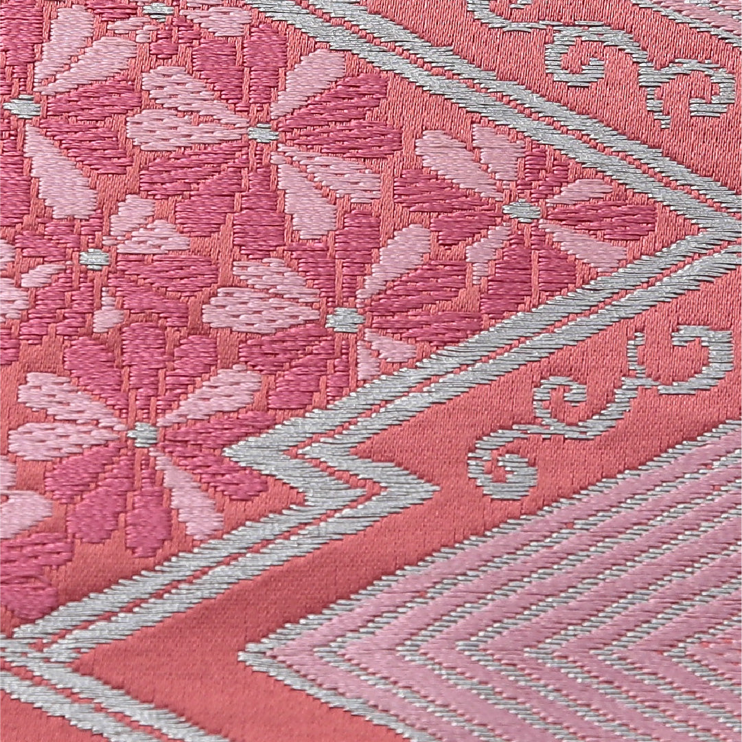 八寸名古屋帯 帯丈336cm セミフォーマル 松葉仕立て ポイント柄 Cランク 正絹 松皮菱 赤系 ピンク系 1224-03692