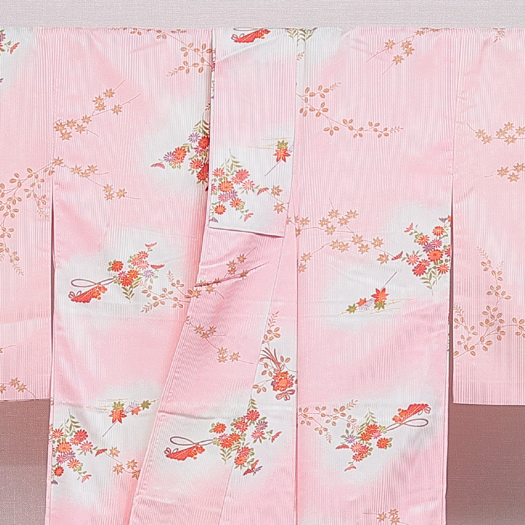 小紋 洗える着物 袷 身丈162cm 裄丈65cm ポリエステル Cランク Lサイズ 広衿 インフォーマル 菊 紅葉 ピンク系 1215-16054