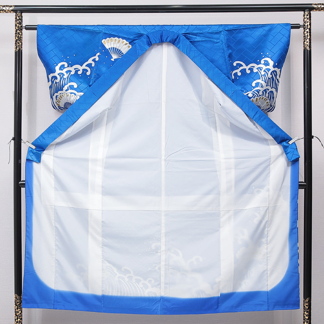 訪問着 袷 身丈150cm 裄丈60cm 正絹 Cランク Sサイズ 広衿 セミフォーマル 扇 波頭 金彩 青系 1212-15902
