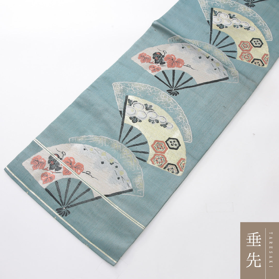 アンティーク 九寸名古屋帯 帯丈348cm 名古屋仕立て 六通 Cランク 正絹 扇子 菊 緑系 青系 1224-03971