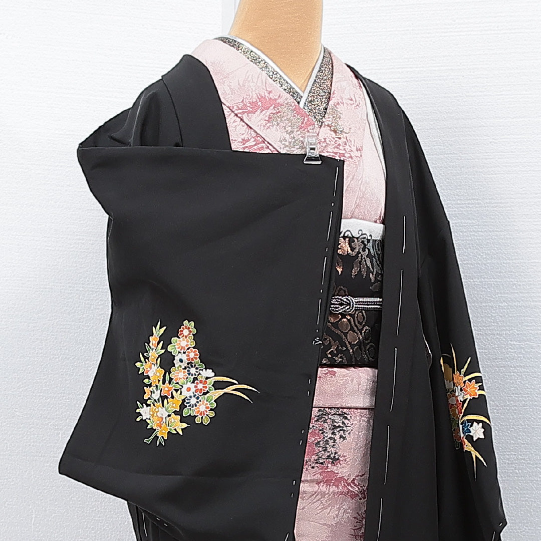 黒羽織 袷 身丈79cm 裄丈63cm 正絹 Aランク 一つ紋 (五三桐) セミフォーマル Sサイズ 紐あり 花車 黒系 RP 1233-15306